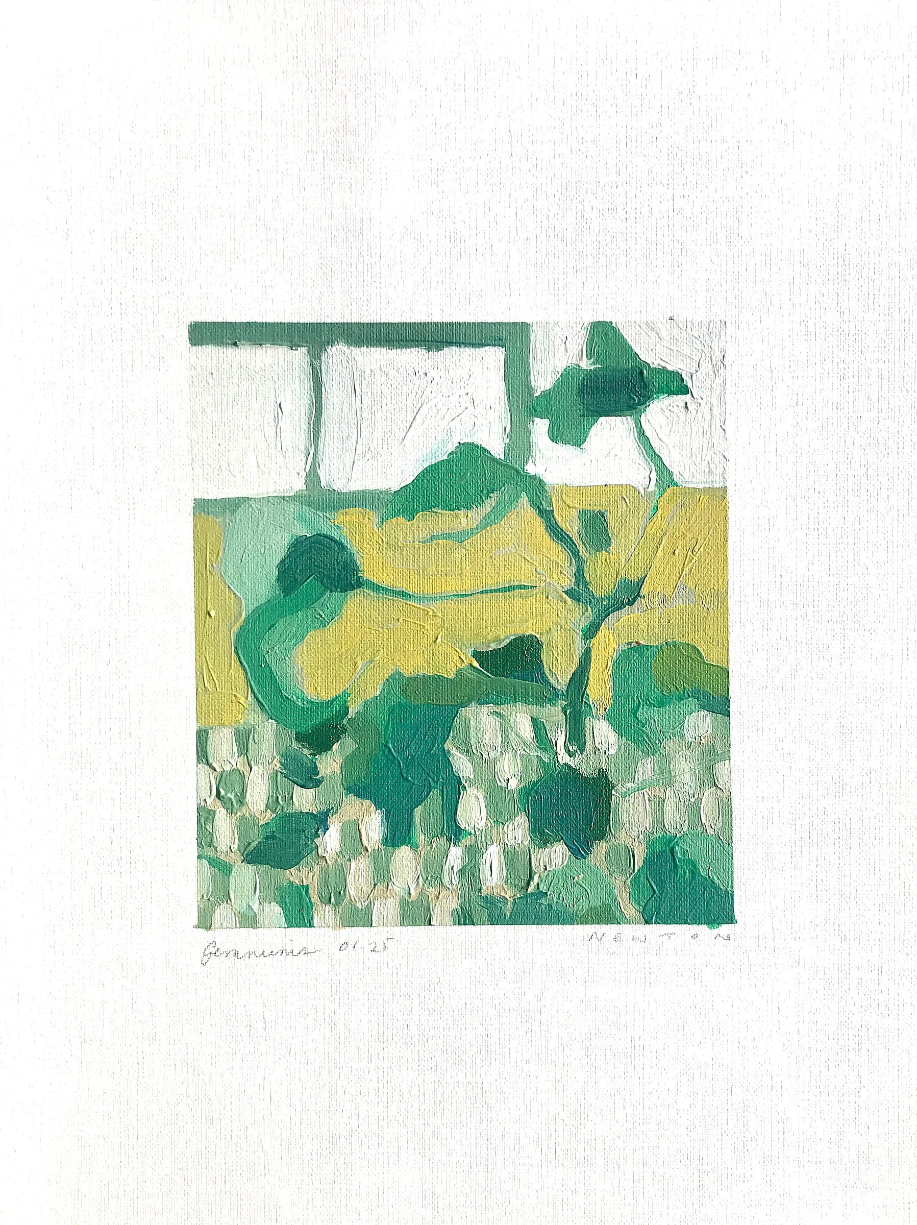 Geraniums 0125 by Sally Newton. Abstract artwork with green and yellow colours on a white background.