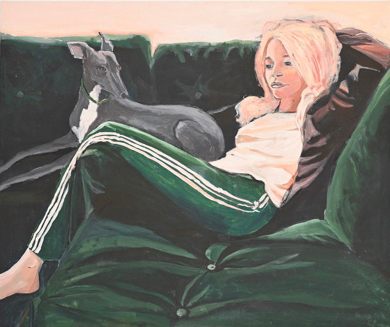 "Girl on Sofa" by Lizbeth Holstein depicts a girl in a green tracksuit with white stripes lounging on a couch with a dog.