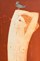 Good Morning by Lizzie Wheeler depicting a figure of a woman with a bird on her head against a red background