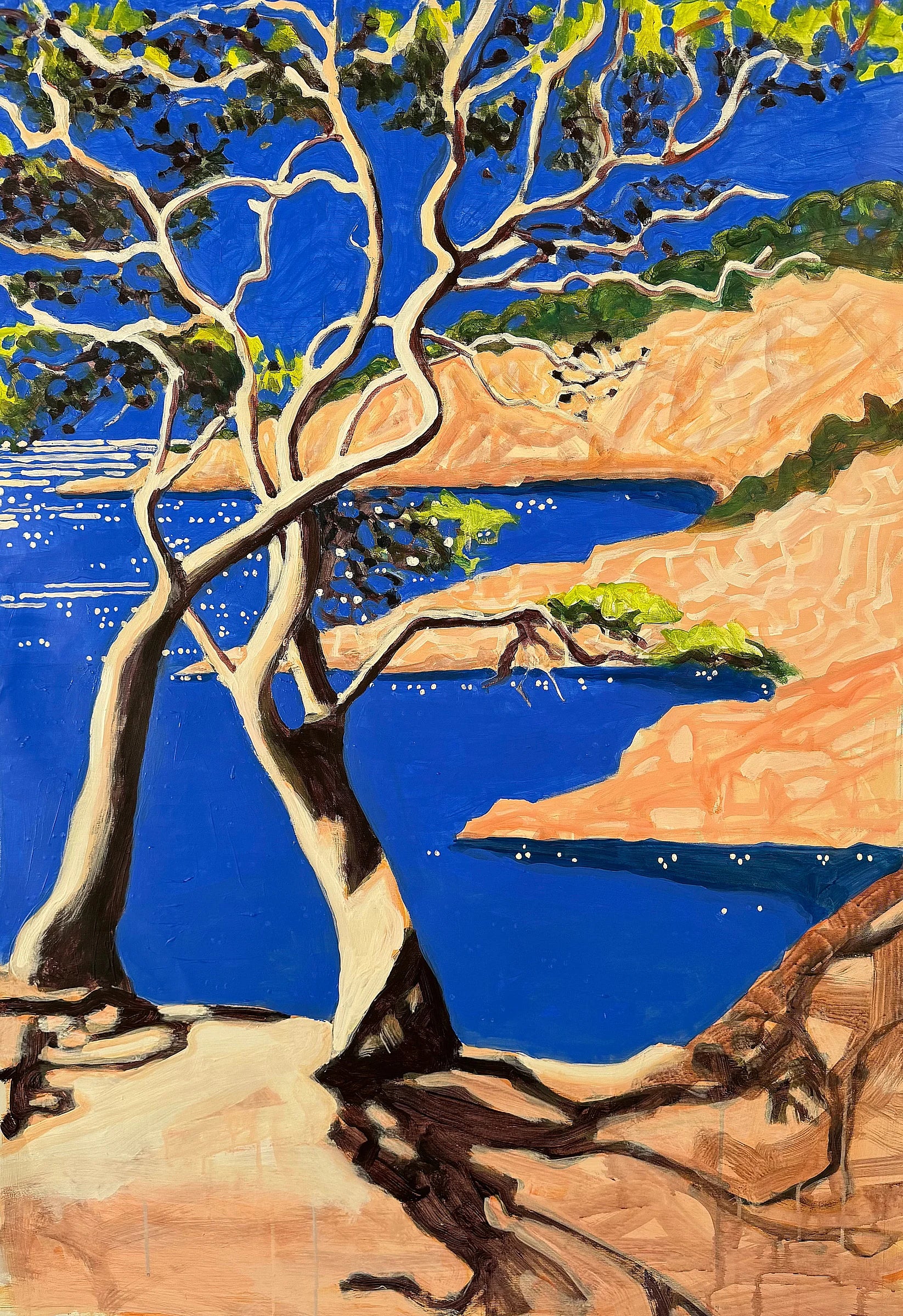 High Summer III by Lizbeth Holstein depicting a tree by a body of water with a blue sky.