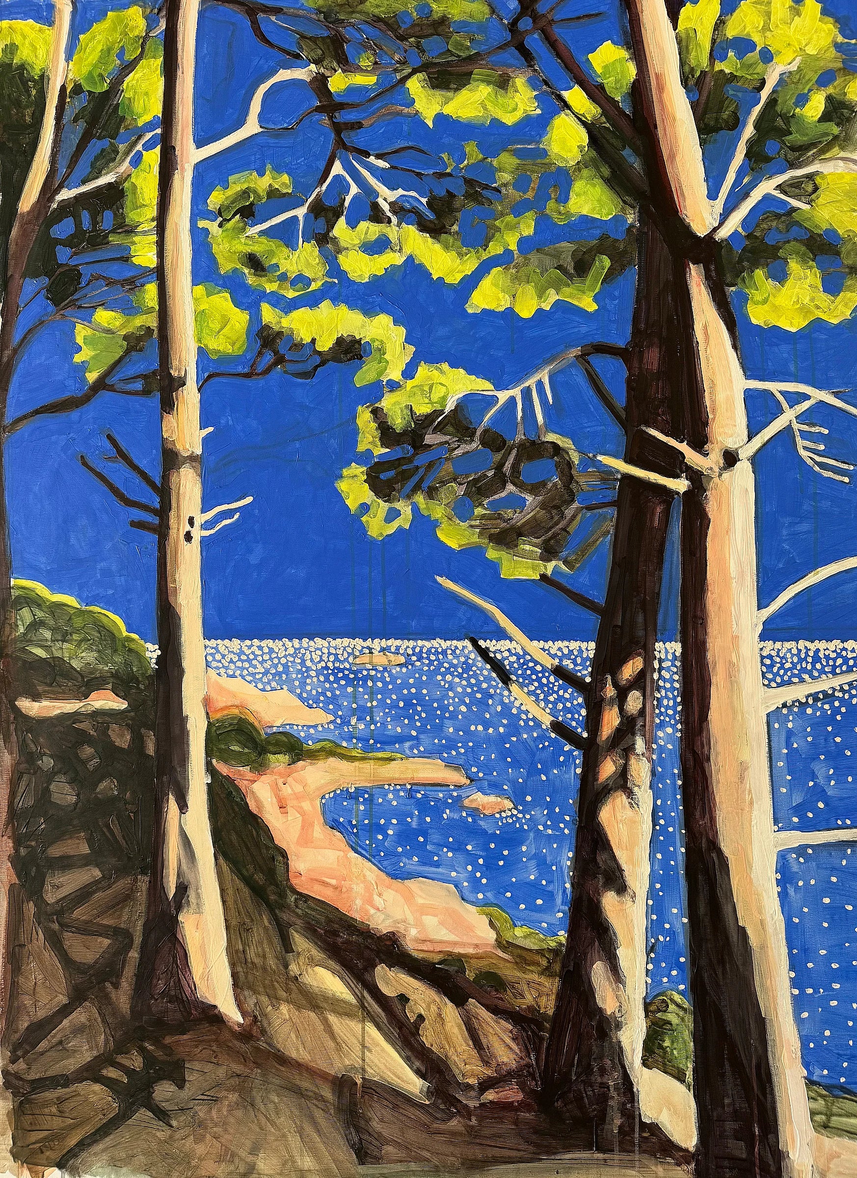 High Summer by Lizbeth Holstein depicting a landscape with trees, rocks, and a body of water under a blue sky.