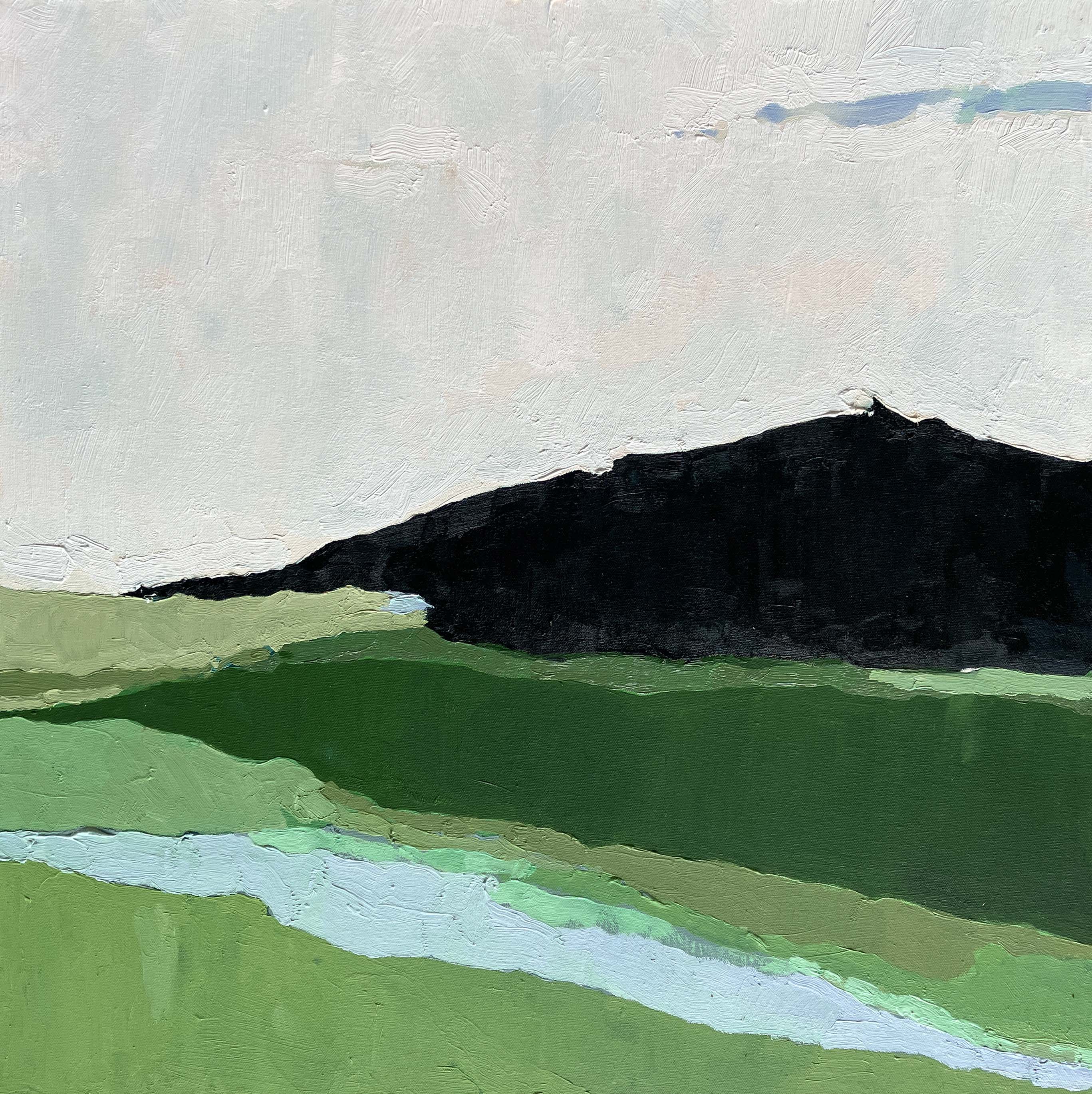 In the face of beauty by Sally Newton. Abstract painting with a dark shape on a green and grey background.