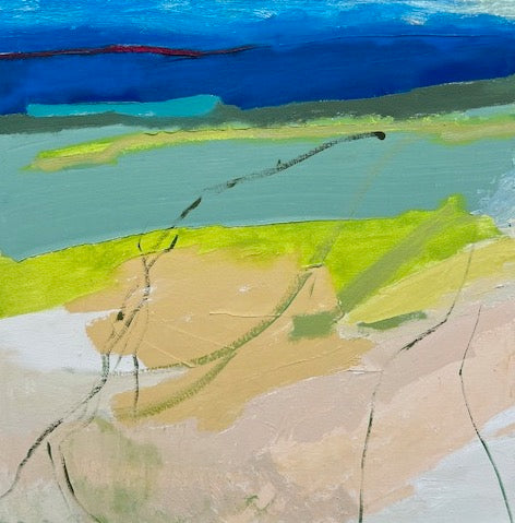 Inlet by Sally McLaren. Abstract art piece with blue, green, and brown colours.