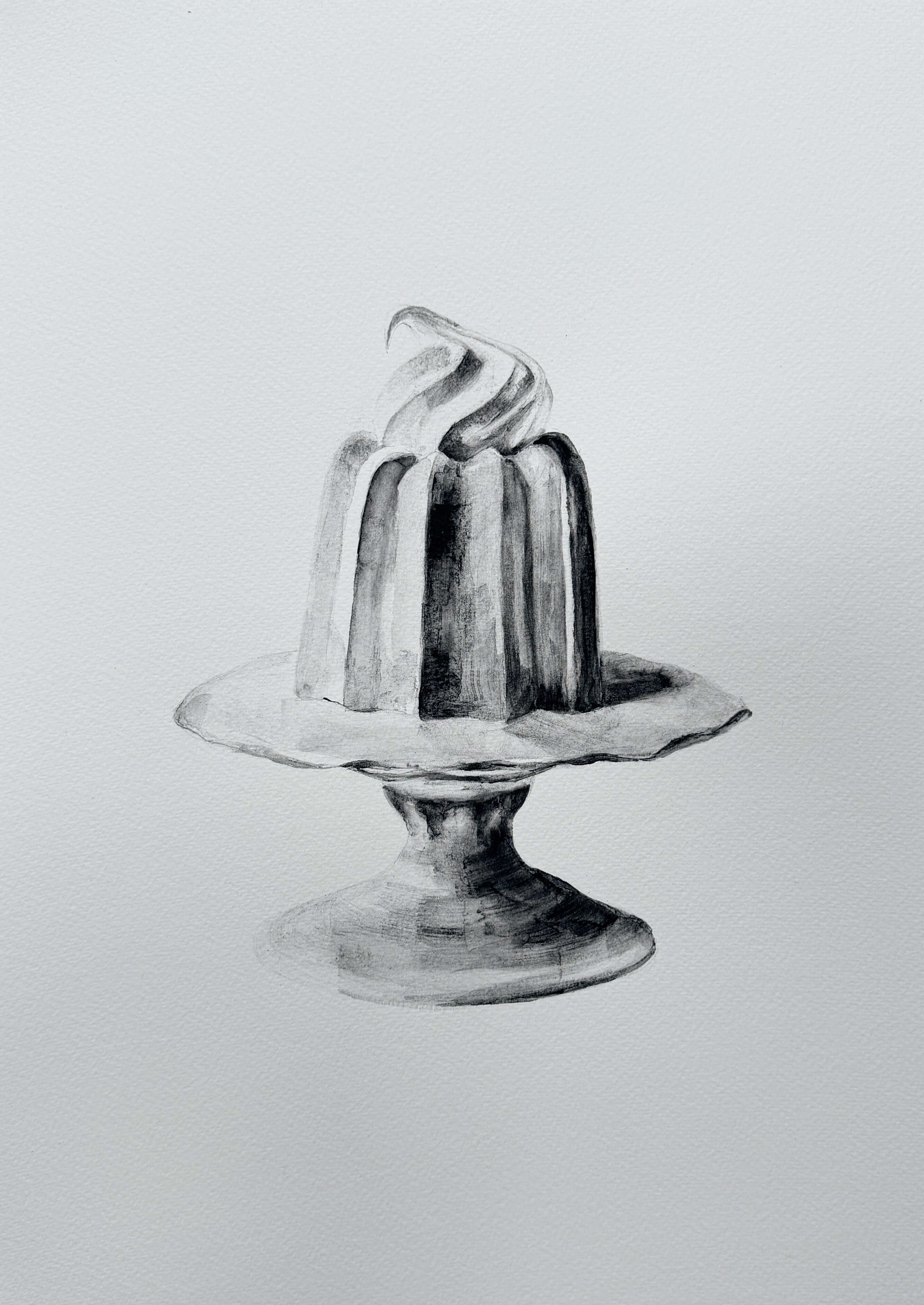 Lemon Posset by Sophie Cole. Pencil drawing of a small dessert on a stand against a light grey background.