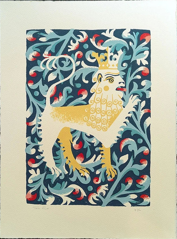 Lion by Tom Frost. Decorative print of a lion with a crown on a blue floral background.