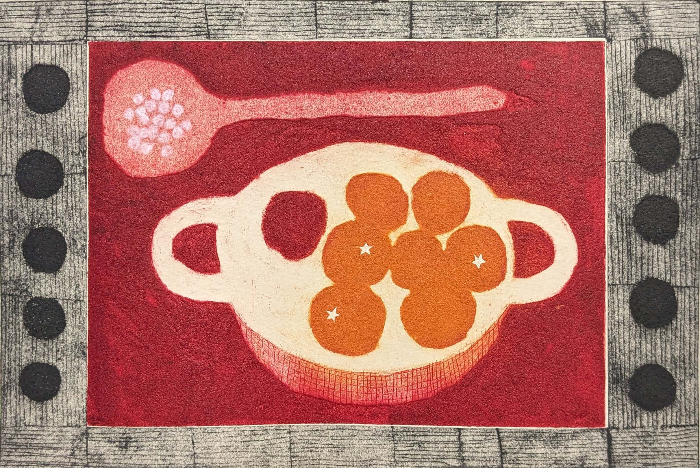 Marmalade by Lizzie Wheeler depicting a framed Illustration of a bowl with oranges and a spoon on a red background