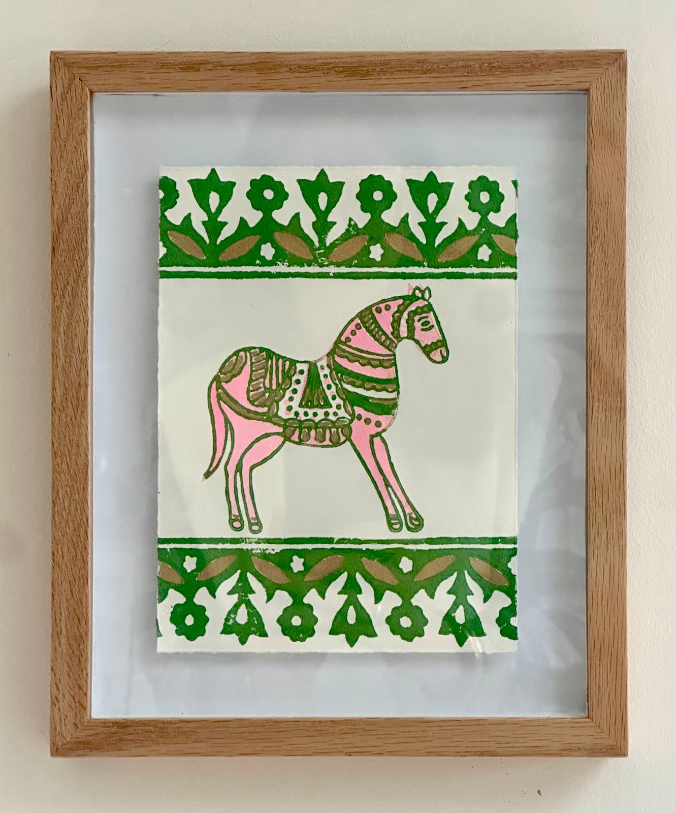 Marwari Horse, Green by Neera Sehgal depicting a framed artwork with a horse Indian blockprint and green border on a white background