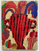 Mimosa by Rosa Roberts depicting  an abstract vase with flowers & fruit  on a textured background