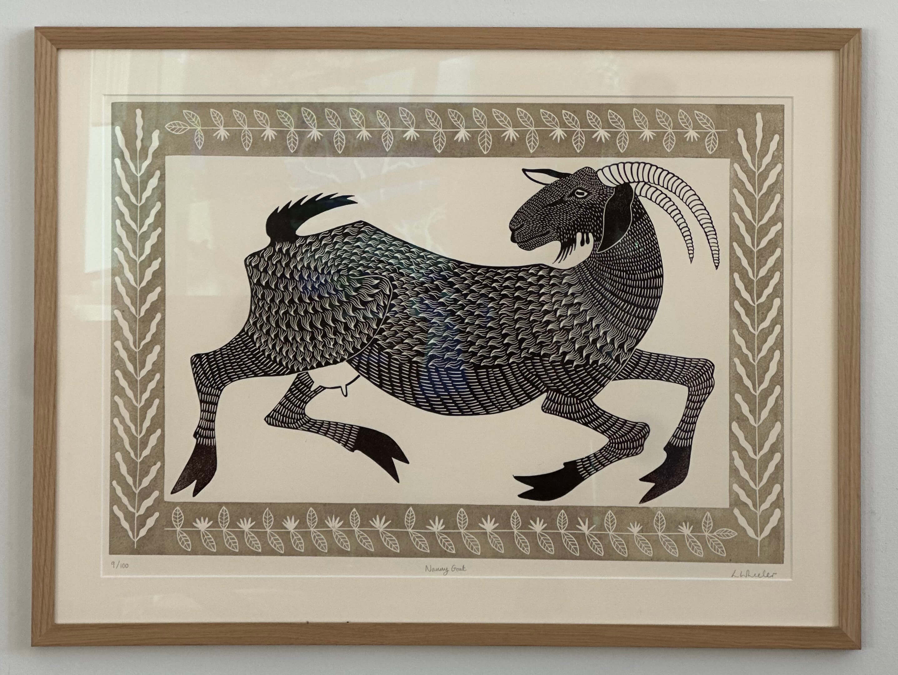 Nanny Goat by Lizzie Wheeler depicting a stylized goat with decorative patterns on a beige background