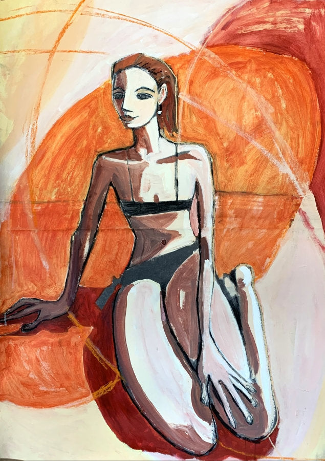 painting of a woman in a black swimsuit against an abstract orange and beige background by Lizbeth Holstein