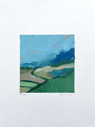 Over by Sally Newton. Abstract landscape painting with blue sky and green fields on a white background.
