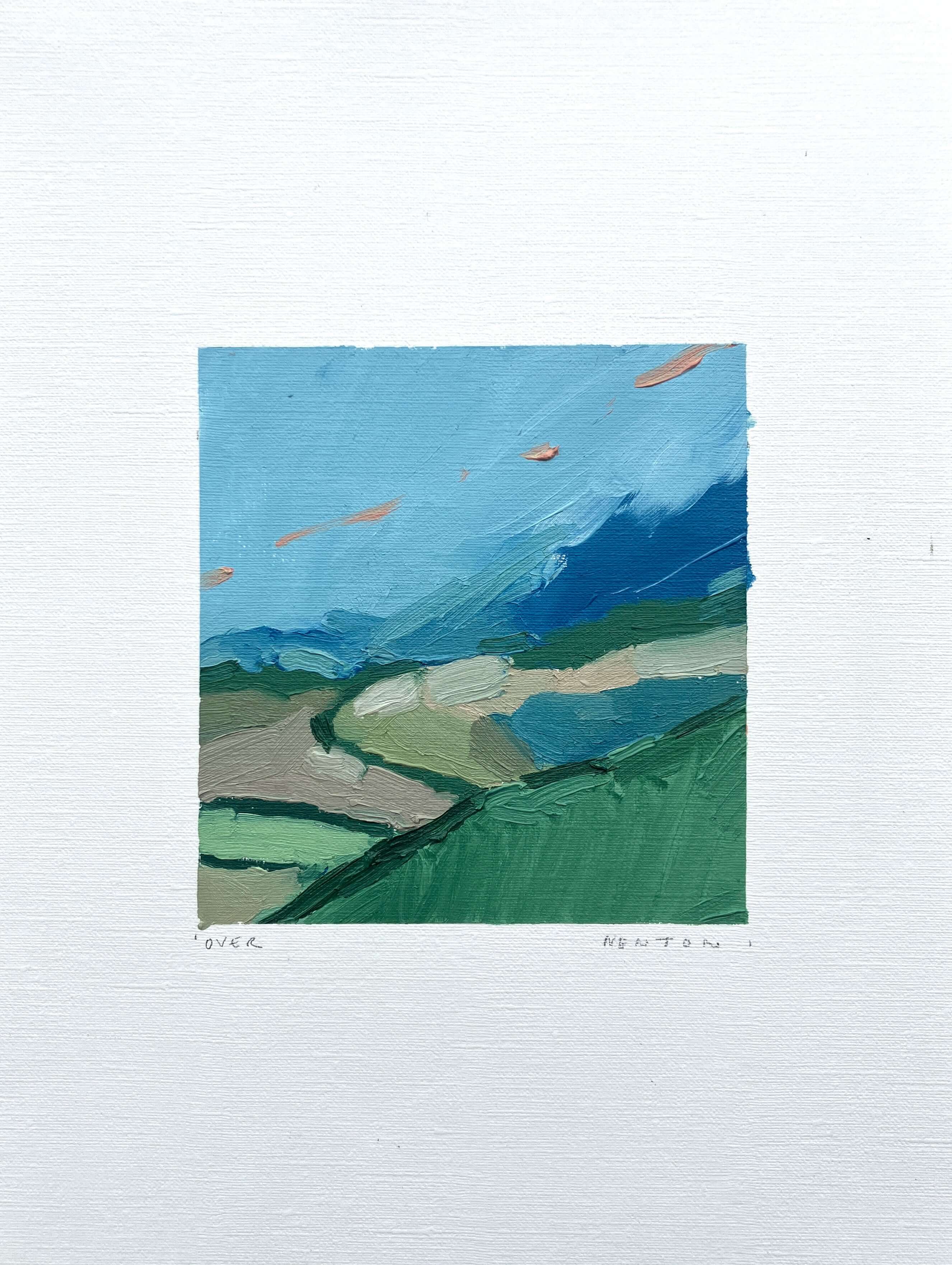 Over by Sally Newton. Abstract landscape painting with blue sky and green fields on a white background.