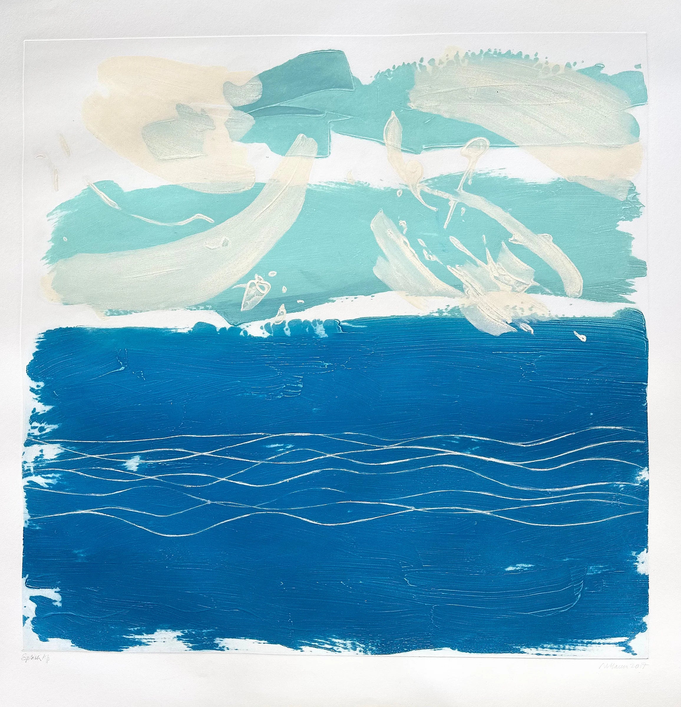 Splash by Sally McLaren. Abstract art piece with blue, white, and teal colours on a white background