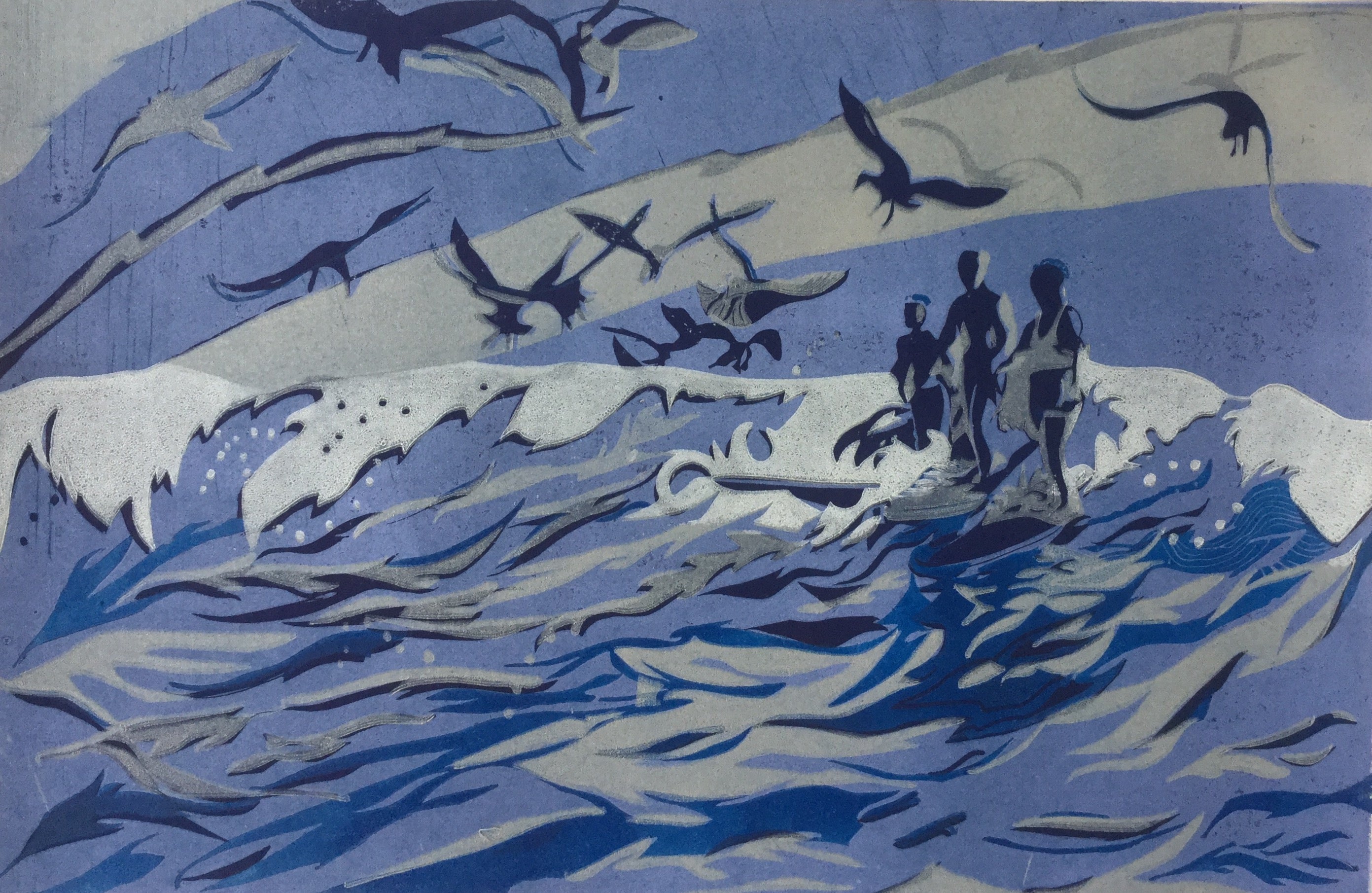 Artistic depiction of people walking along a beach with birds and waves.