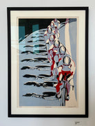 Framed abstract artwork with geometric shapes on a light gray background
