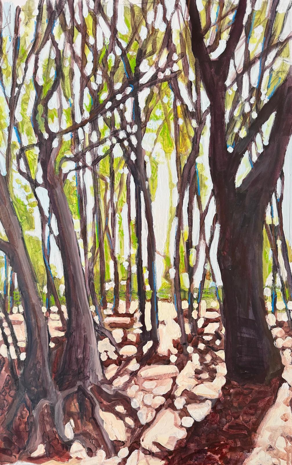 The Holm Oaks by Lizbeth Holstein depicting a forest with trees and sunlight