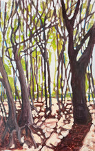 The Holm Oaks by Lizbeth Holstein depicting a forest with trees and sunlight