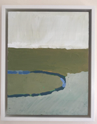Tidemarks by Sally Newton. Abstract art piece with horizontal stripes of white, green, and blue in a frame.