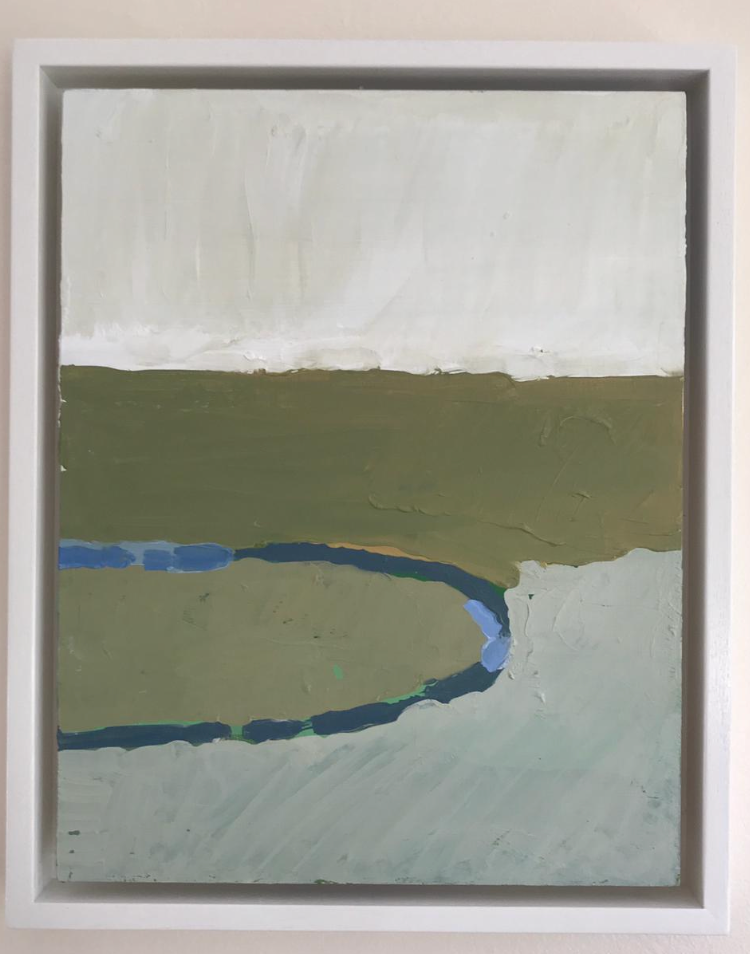 Tidemarks by Sally Newton. Abstract art piece with horizontal stripes of white, green, and blue in a frame.