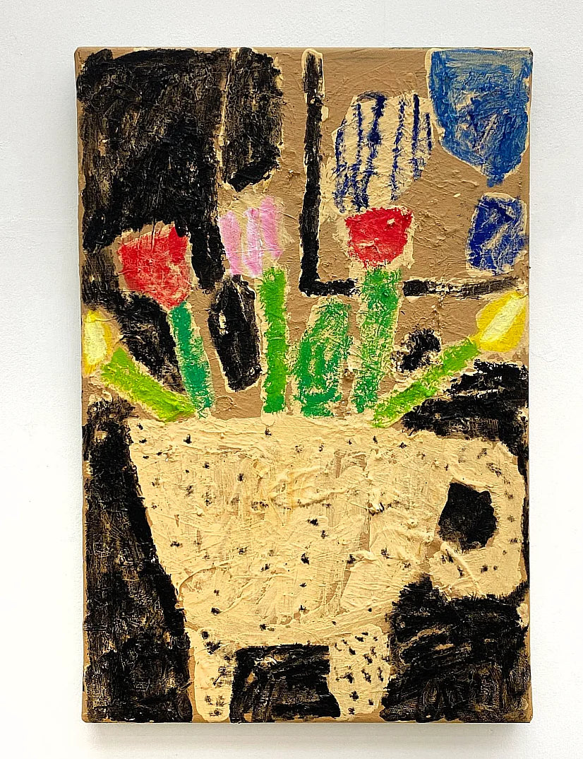 Tulips and painting on black by Rosa Roberts depicting an abstract painting with a pot of flowers on a beige background