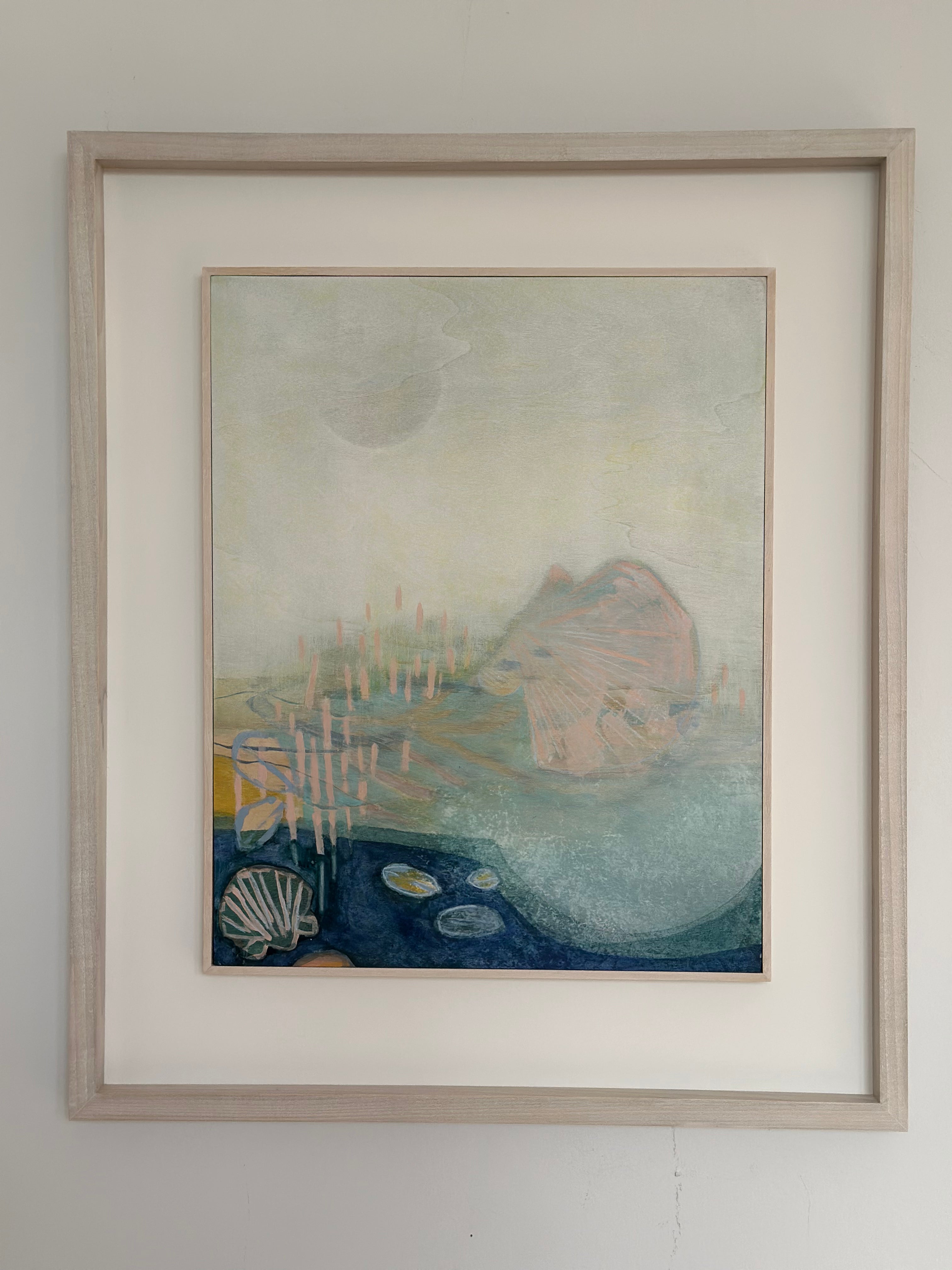 Under the Fret by Tara Leaver. Framed artwork with abstract design on a white wall.