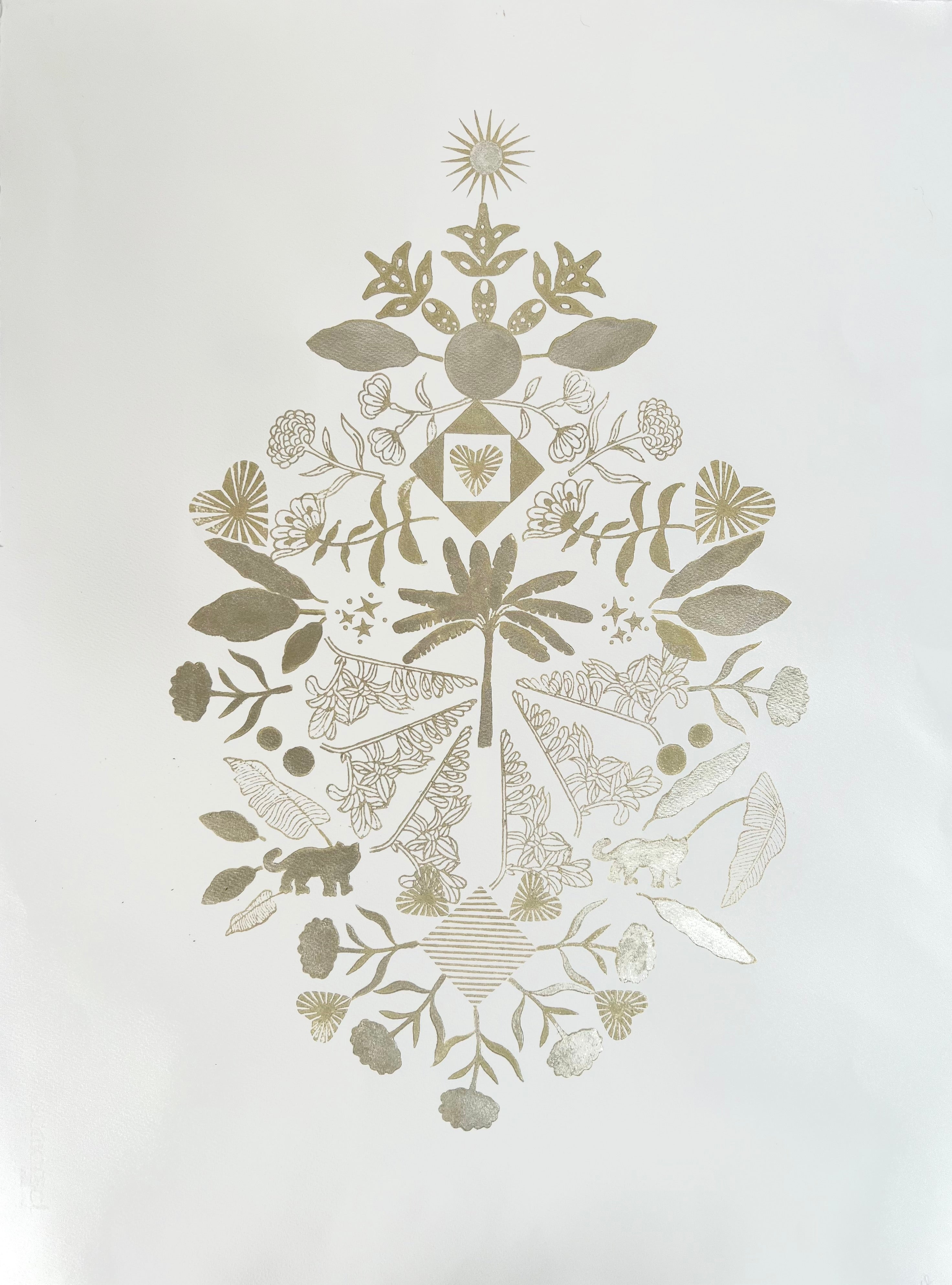 Under the stars - Gold by Neera Sehgal depicting a decorative Indian blockprint snowflake design on a white background