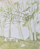 Under the trees by Lizbeth Holstein depicting simplified line drawing of trees and a picnic table on a neutral background