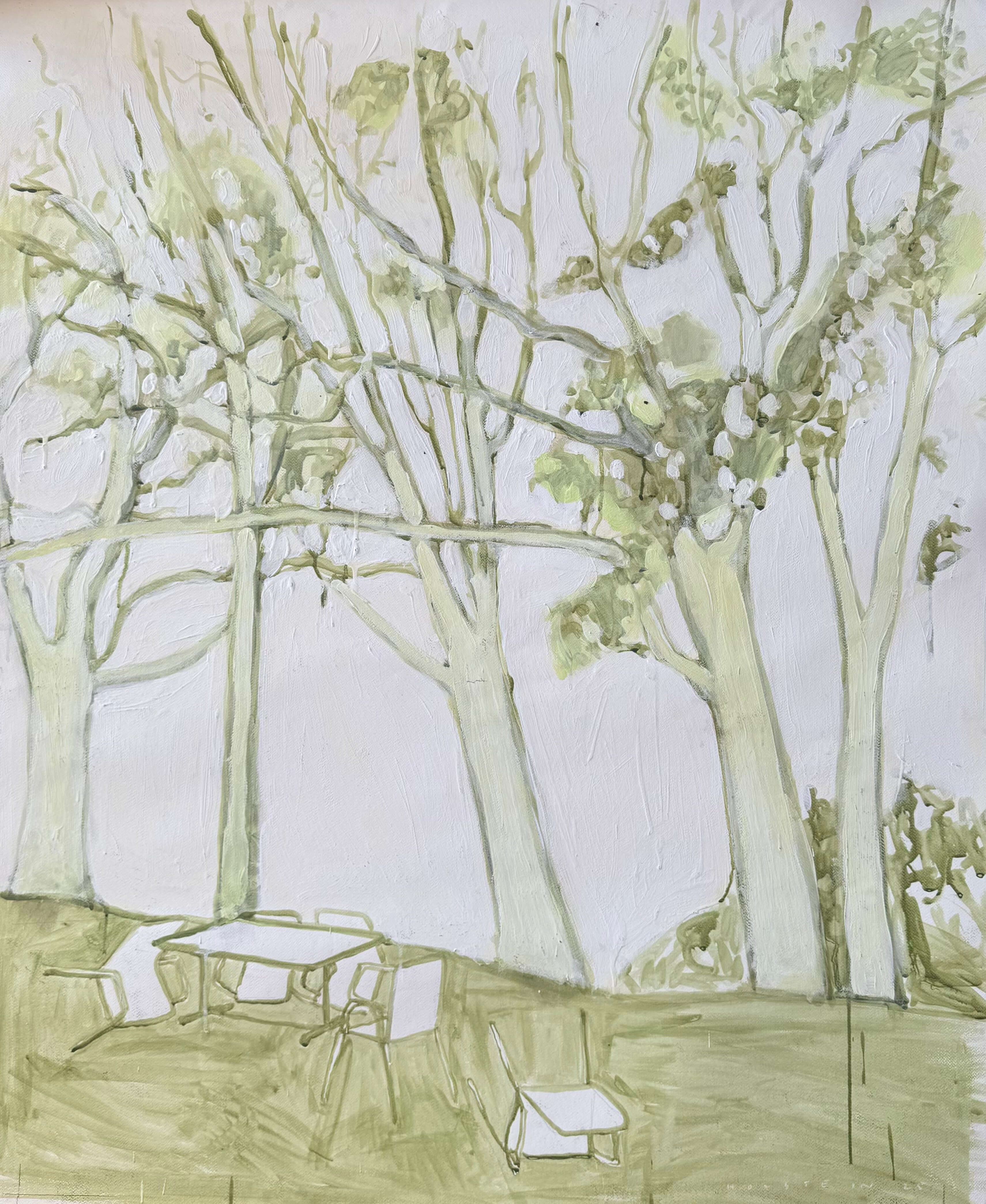 Under the trees by Lizbeth Holstein depicting simplified line drawing of trees and a picnic table on a neutral background
