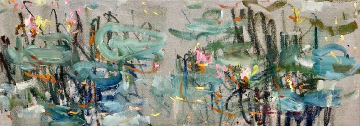 An abstract painting featuring elements that give the impression of water lilies, with a palette of green, blue, and pink.