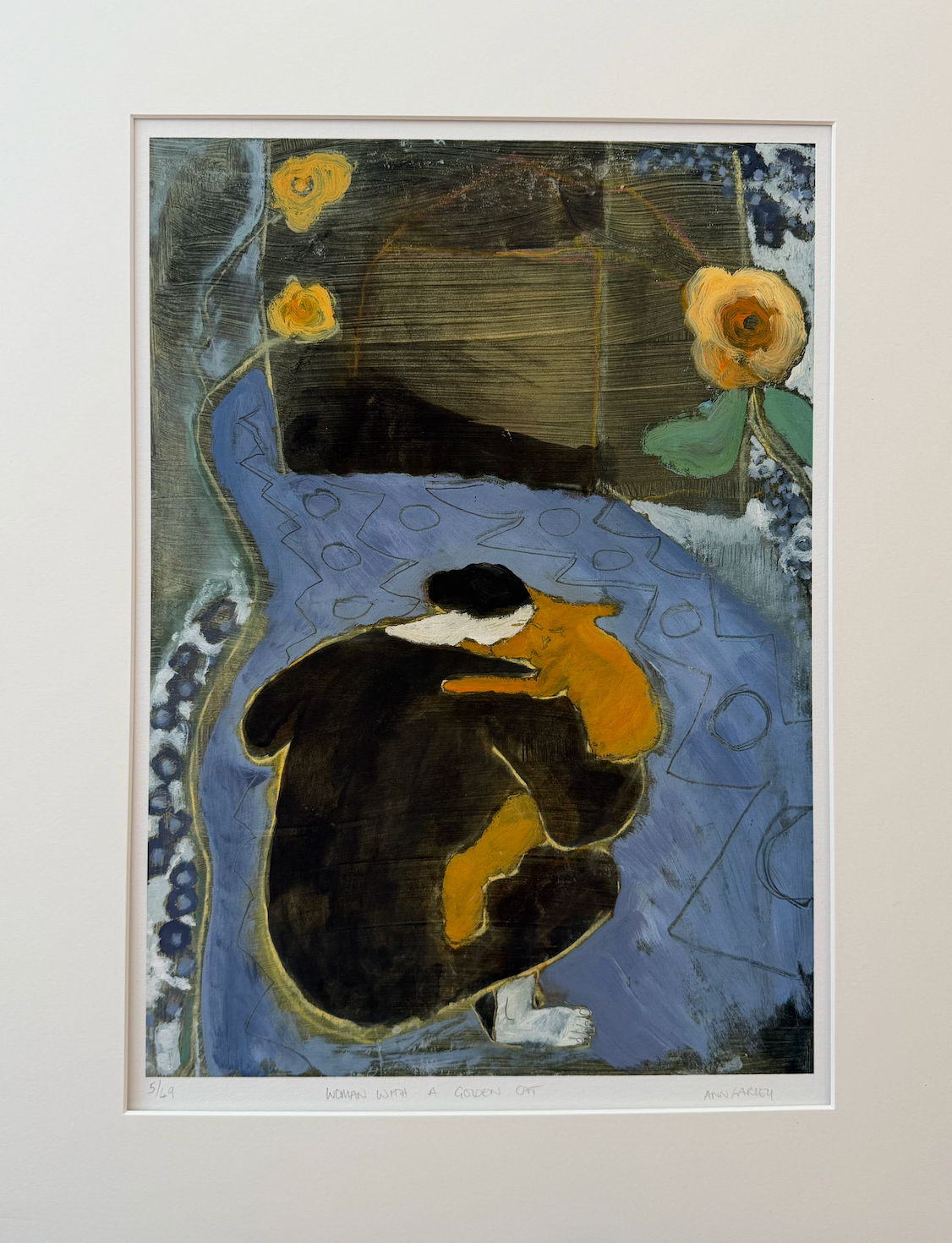 Woman with a golden cat by Ann Farley