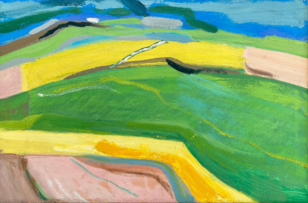Yellow Fields by Sally McLaren. Colorful abstract landscape painting with green, yellow, and blue hues.